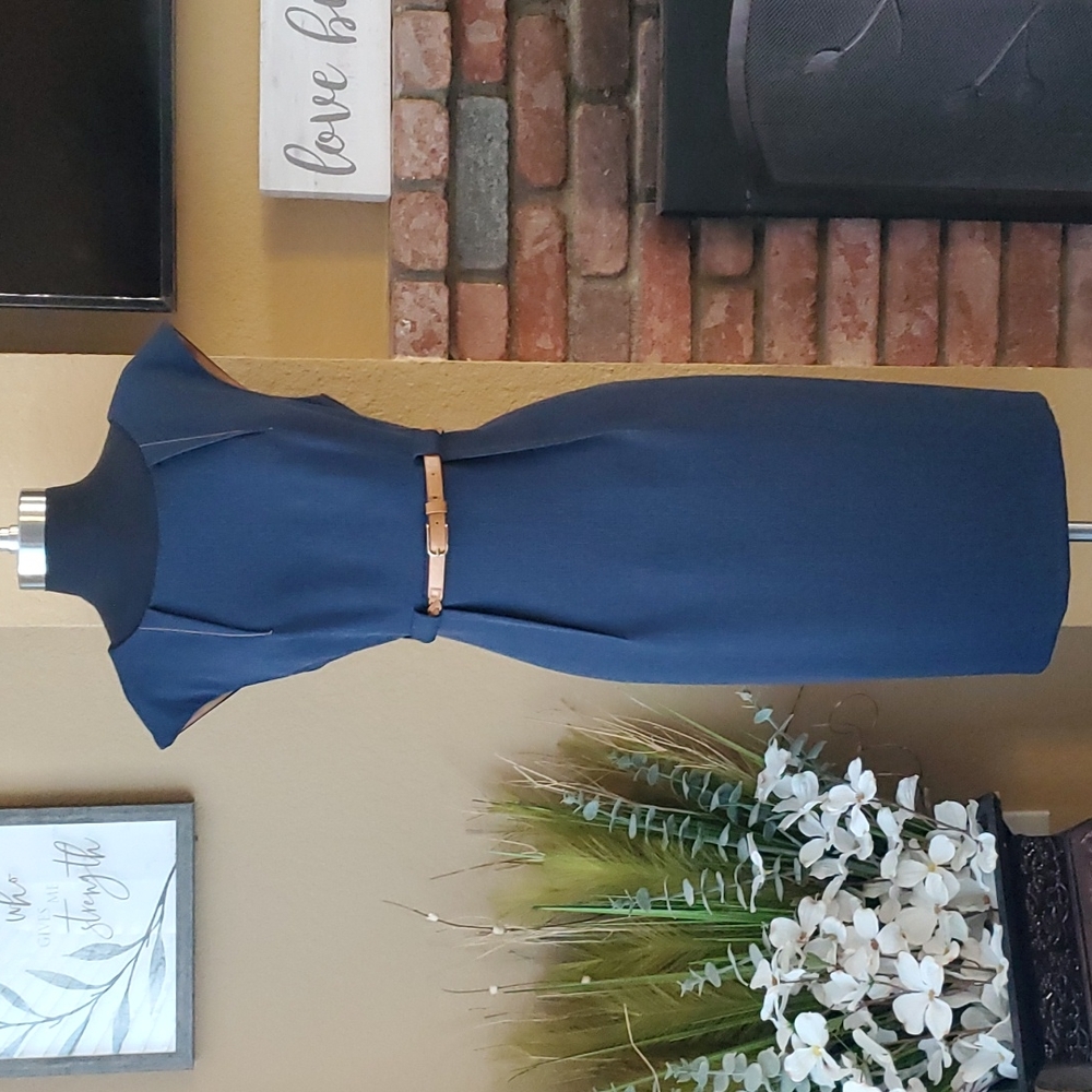 connected apparel Navy Sheath Dress with Tan Waist Belt